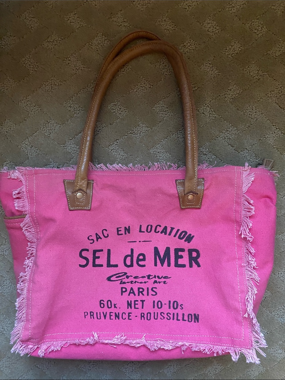 Pink Canvas Tote Bag with Brown Handles